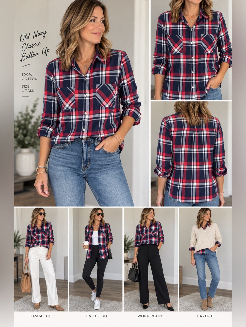 Old Navy Red, Navy & White Plaid Button-Down Shirt L Tall